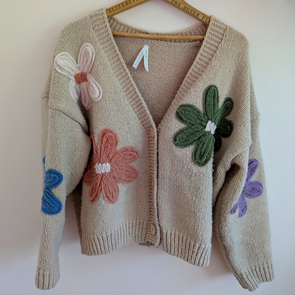 Floral Embroidered Beige Cardigan Sweater